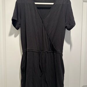 Women’s Loose Wrap V Neck Waist Romper with Pockets - Black - Medium